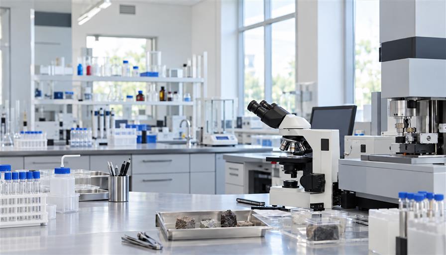 Laboratory with microscopy, analytical instruments and material samples